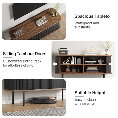 47''W Black Cabinet with Storage, Media Console, Tambour TV Stand, Television Stands with Curvy Edge & Sliding Door, Fluted Cabinet, Buffet Sideboard, Credenza, Table Stand for Living Room, Kitchen