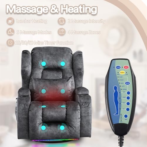 Power Recliner Chair, 270° Swivel Rocker Recliner Chair for Adult with Massage & Heat, Electric Swivel Glider Reclining Sofa Chair for Living Room with USB, Led Light, Lumbar Pillow (Grey)