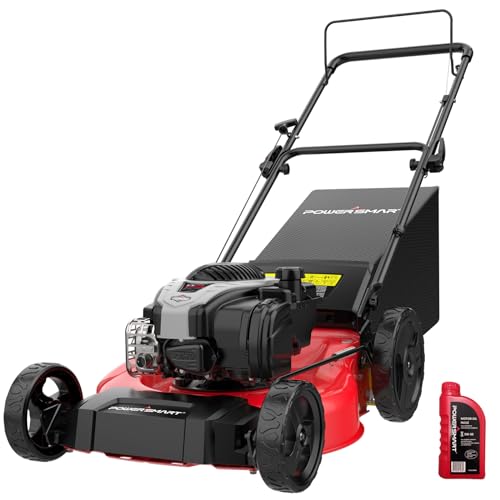 PowerSmart Gas Lawn Mower with Briggs and Stratton EX550 140cc Engine, ReadyStart System 21-Inch Steel Deck 3-in-1 Mulch, Bag, Side Discharge, 10-Inch High Rear Wheels