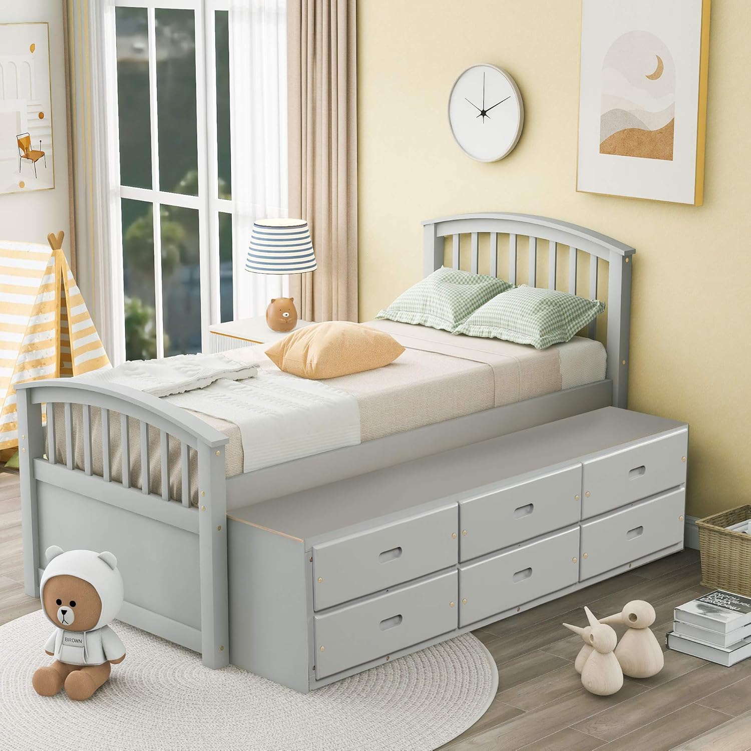 Twin Size Platform Storage Bed Solid Wood Bed with 6 Drawers, Gray
