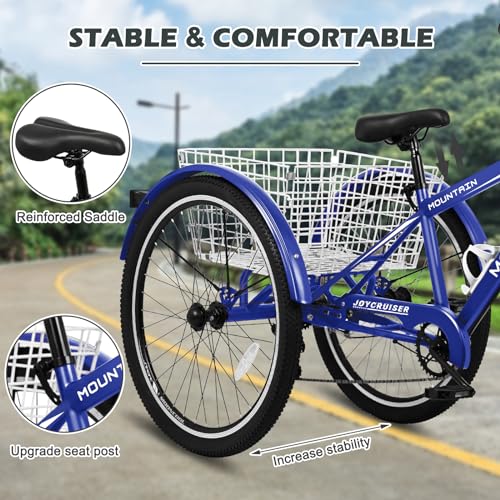 Vanell Adults Mountain Tricycles, 7-Speed 3-Wheeled Mountain Bikes 24/26/27.5inch & Basket, Front Suspension, Disc Brakes for Safe & Fast Braking