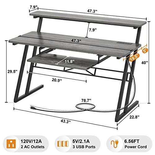 armocity 47'' Music Studio Desk with Power Outlet, Studio Desk for Music Production, Recording Studio Desk for Producer, Studio Workstation Desk for Music Recording, Piano Tray, Raised Stand, Oak