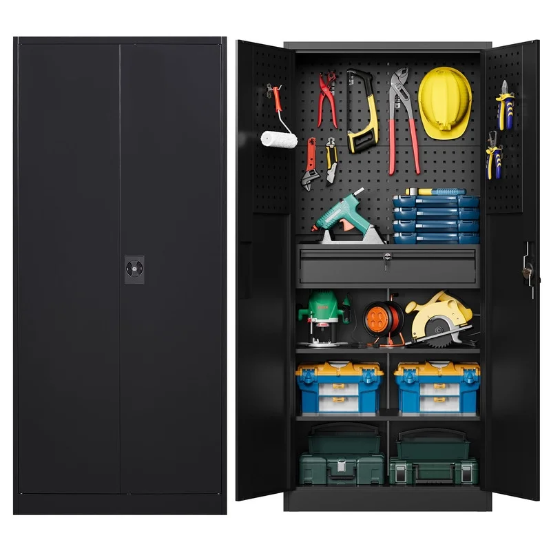 Fesbos Metal Storage Cabinet with Pegboard, Heavy Duty Garage Storage Cabinet with Adjustable Shelves and Doors, Lockable Steel Storage Cabinet with Drawer
