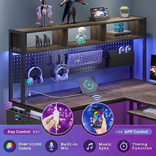 SEDETA L Shaped Gaming Desk, Reversible Computer Desk with Power Outlet and Pegboard, Gaming Desk with Led Lights, Keyboard Tray and Storage Bag for Home Office, Black