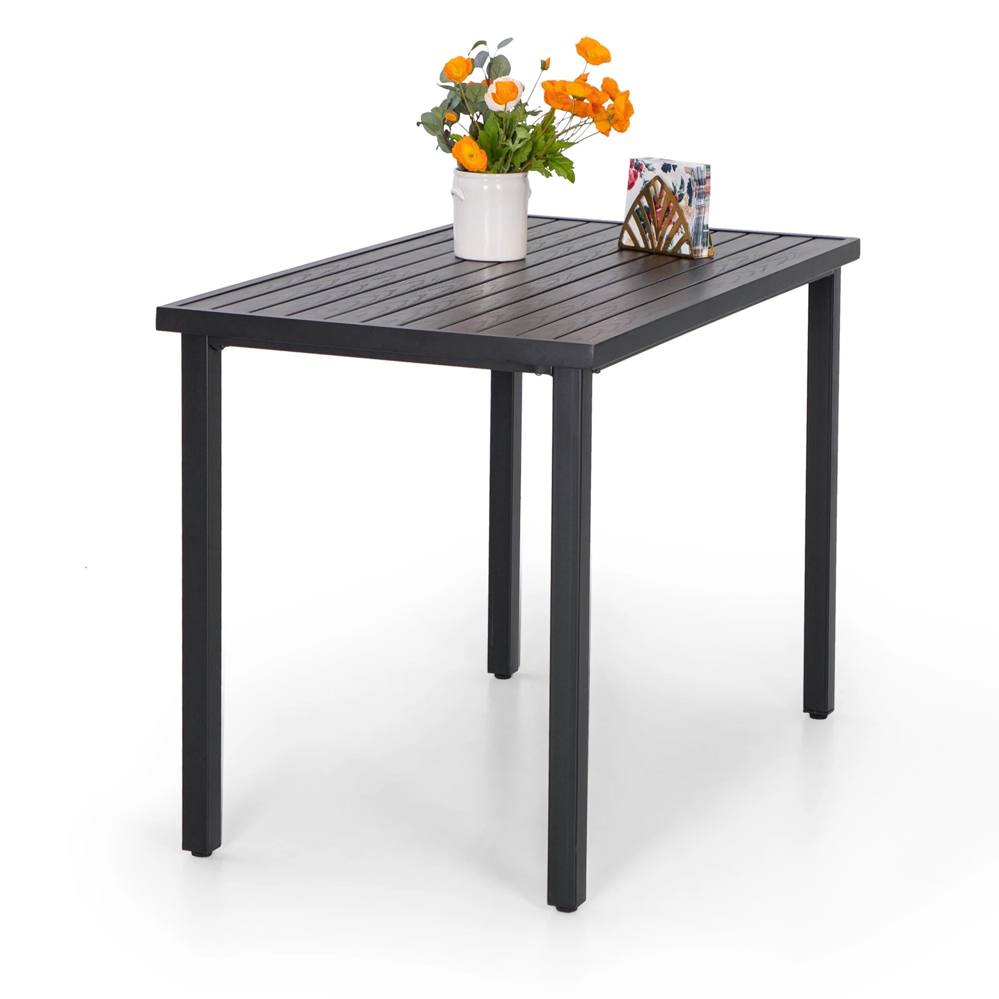 MF Studio 5-Piece All Weather Outdoor Bar Stool Set with Rectangle Counter Height Table & Patio Swivel Bar Chairs for 4 Person, Black & Brown