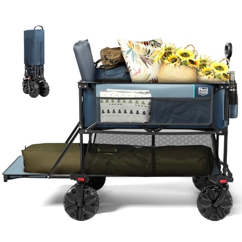 TIMBER RIDGE 400L Large Capacity Folding Double Decker Wagon, 54" Extra Long Extender Wagon Cart, 450lbs Heavy Duty Collapsible Wagon, All-Terrain Big Wheels for Camping, Sports, Shopping, Gray