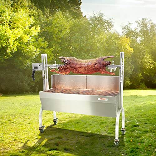 VEVOR Stainless Steel Rotisserie Grill, BBQ Whole Pig Lamb Goat Charcoal Spit Grill, Electric 50W Motor BBQ Hog Rotisserie Roaster, 46 Inch 90 Lbs Capacity Lamb Rotisserie System for Camping Outdoor