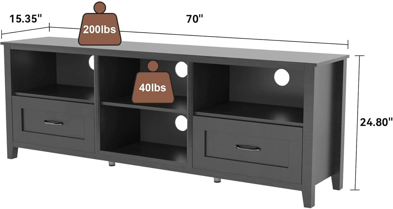 Black TV Stand for 55/65/70/75/80 inch TV, TV Media Center, Modern Entertainment Center with Drawers Wood Storage Cabinet Media Console for Living Room, Bedroom, 70 inch Long