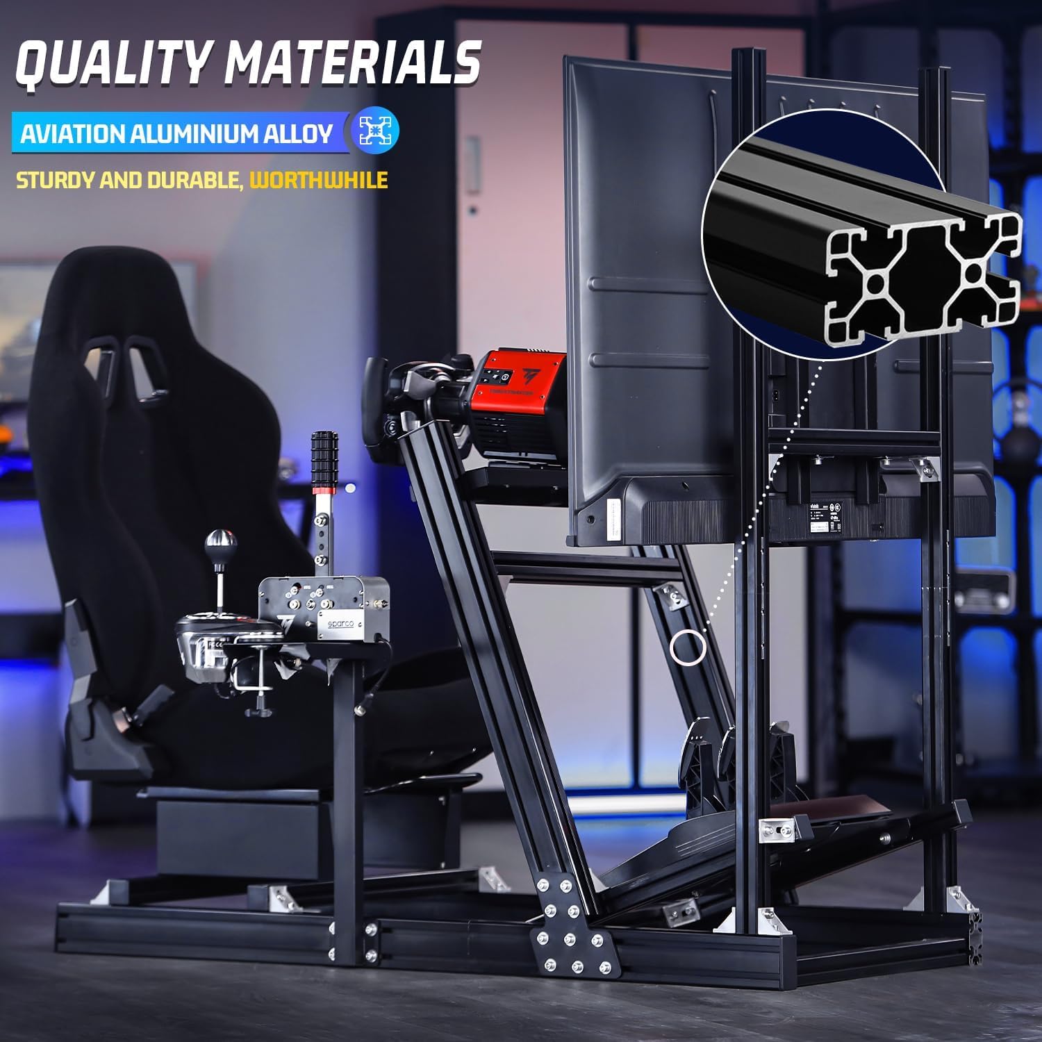 Marada Racing Simulator Cockpit with Monitor Stand Fit for Thrustmaster/PXN/Logitech/FANTEC G923 G920 T500 T3PA TGT,Stable& Strong Driving Cockpit with Black Seat,Not Included Wheel and Pedal