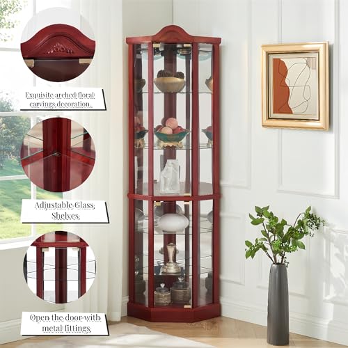 Henf 69.6" Lighted Corner Cabinet, Glass Display Curio Cabinet with Glass Doors, Adjustable Shelves and Mirrored Back Panel,Curved Wood Corner Curio Storage Rack with Bulb Included for Living Room