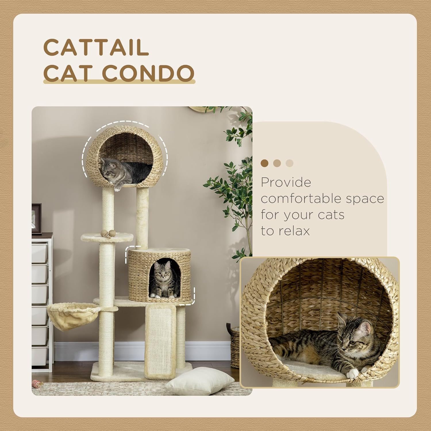 PawHut 59 Inch Cat Tree for Indoor Cats, Cat Tower with Cat Condo, Hammock, Perches, Scratching Posts, Ramp for Large Cats, Beige