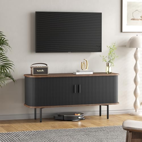 47''W Black Cabinet with Storage, Media Console, Tambour TV Stand, Television Stands with Curvy Edge & Sliding Door, Fluted Cabinet, Buffet Sideboard, Credenza, Table Stand for Living Room, Kitchen