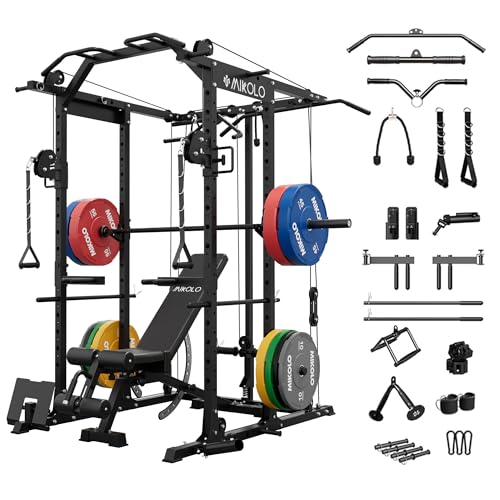 Mikolo Power Cage, Power Rack with Cable Crossover System, 1500LBS Squat Rack with LAT Pull Down System, Workout Cage with Pulley System for Fitness Home Gym