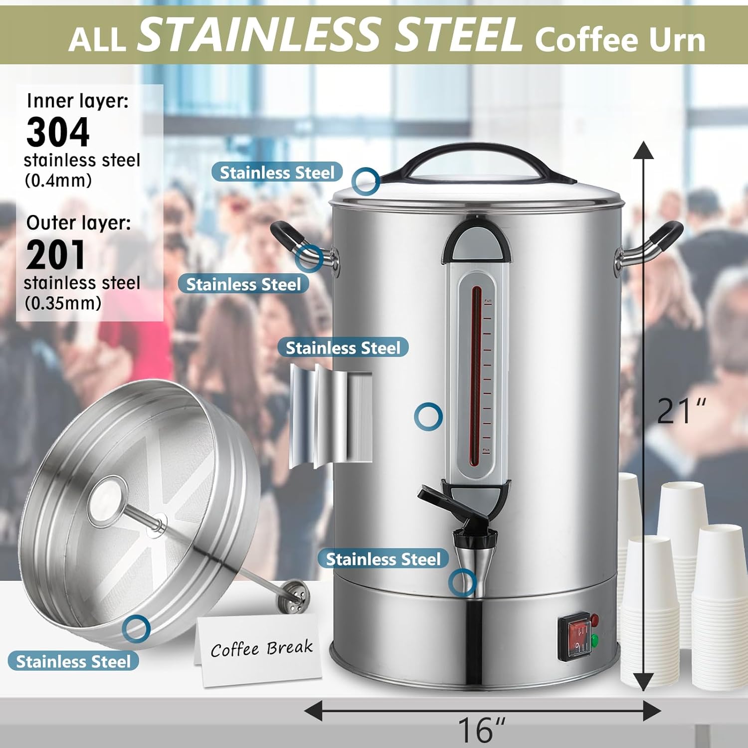 Commercial Coffee Urn 24L 160Cup Stainless Steel Quick Brew Hot Dispenser for Catering, Commercial Grade Large Capacity Coffee Maker For Meeting Rooms, Church, School, Stainless Steel