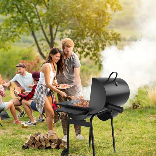Leonyo Charcoal Grill with Smoker, BBQ Charcoal Grill and Offset Smoker, Large Barrel Grill with Grill Cover, 811 Square Inches, Griddle Accessories kit of 21, Outdoor Camping, Backyard, Patio Parties