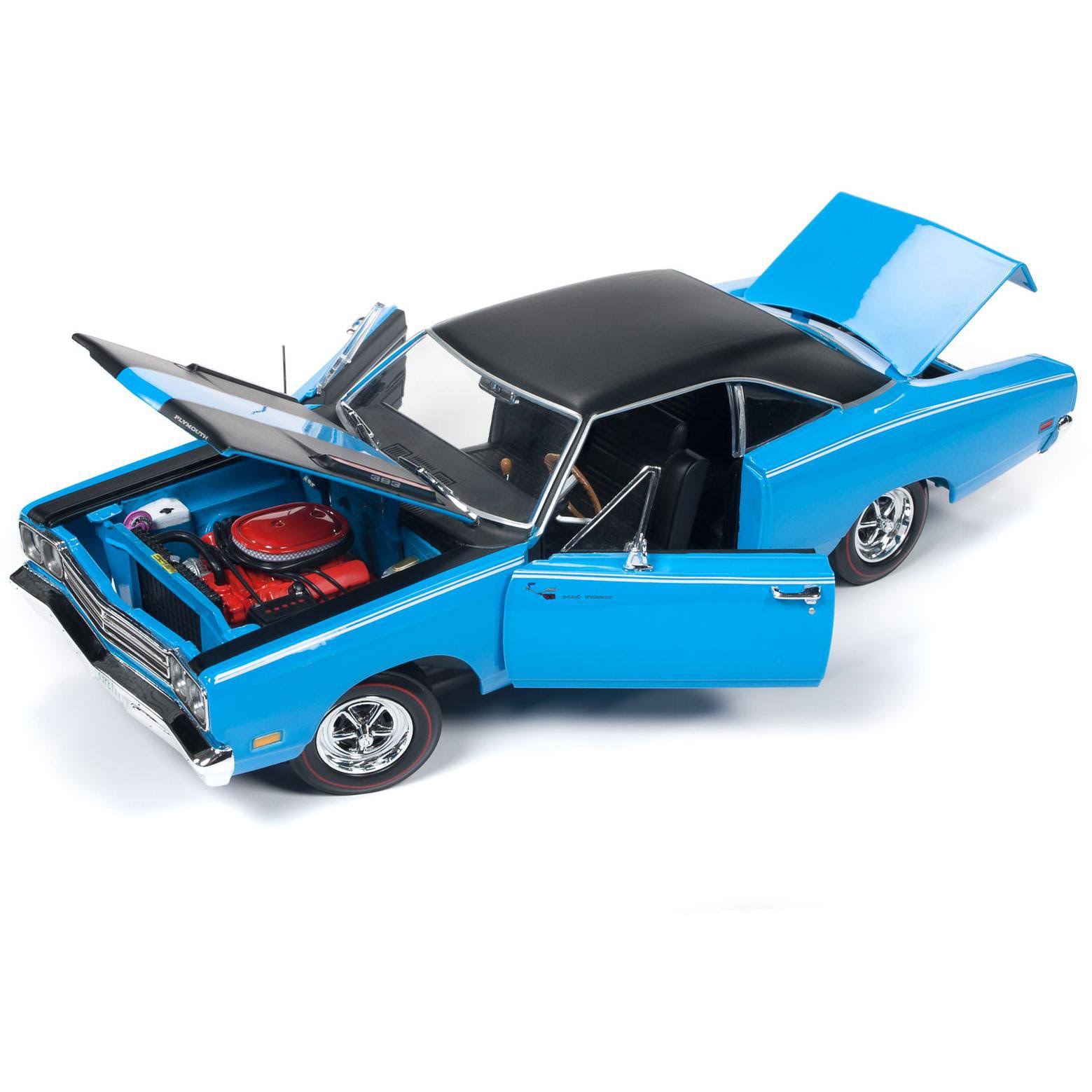 1969 Plymouth Road Runner Hardtop Petty Blue with Black Top and Black Stripes Looney Tunes Class of 1969x22 1/18 Diecast Car by