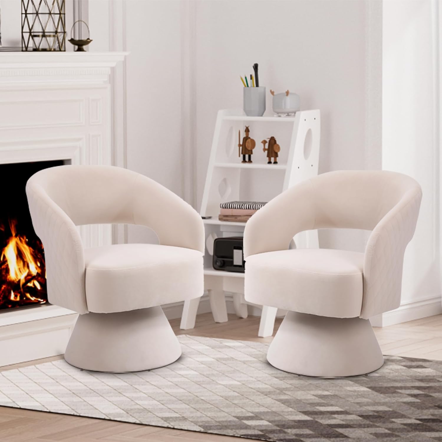 Swivel Barrel Chair Set of 2, Upholstered Swivel Chair for Living Room, 360 Degree Velvet Swivel Chair with Open Back, Modern Armchair for Bedroom, Hotel, Office (Beige, Velvet)