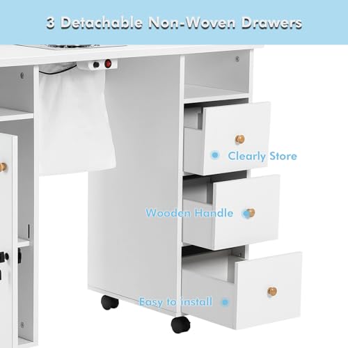 Artist hand Manicure Table, Nail Table, Nail Beauty Manicure Desk, Wrist Cushion, Lockable Wheels, Storage Drawers, Electric Downdraft Vent, White