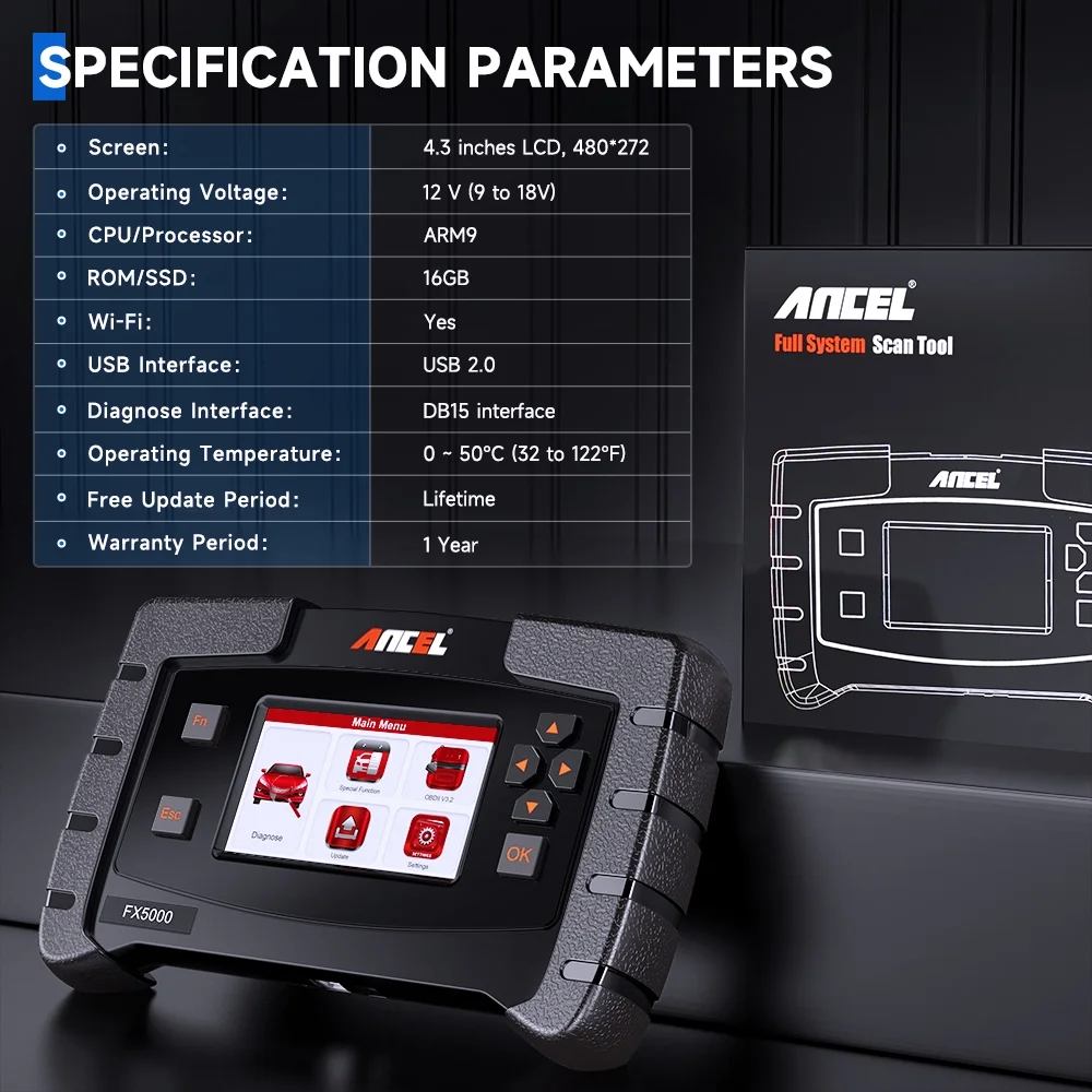 ANCEL FX5000 OBD2 Scanner Car Scan Tool All System Automotive Diagnostic 3 Reset Functions ABS Bleeding Oil Reset EPB Reset EOBD OBDII Code Reader Full OBD2 Functions Turn off MIL Lifetime Free Update