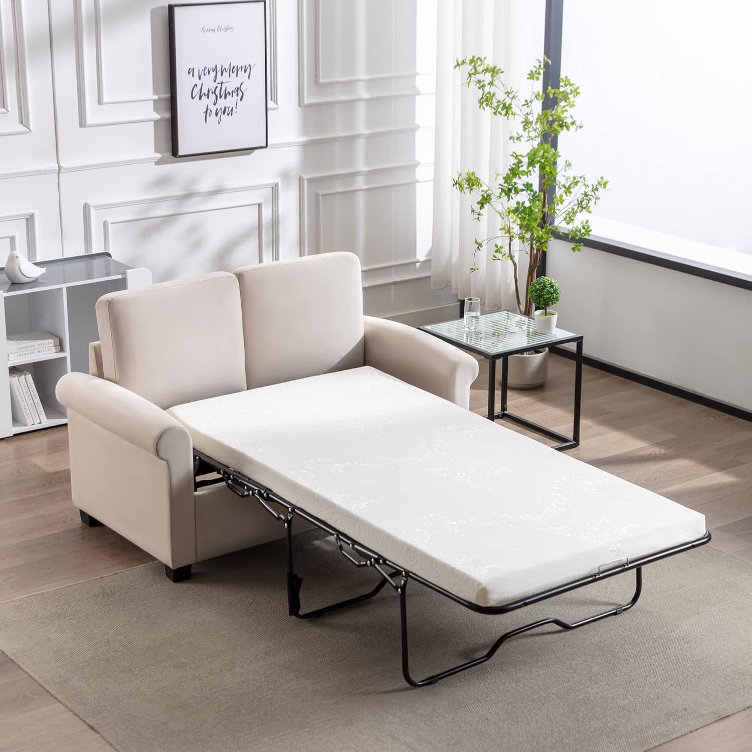 58.3" Pull Out Sofa Bed,Sleeper Sofa Bed with Premium Twin Size Mattress Pad,2-in-1 Pull Out Couch Bed,Loveseat Sleeper for Living Room,Small Apartment, Beige White