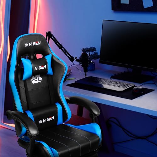 N-GEN Video Gaming Chair with Footrest High Back Ergonomic Comfortable Office Computer Desk with Lumbar Support Height Adjustable with PU Leather Recliner for Adults Women Men (Black)