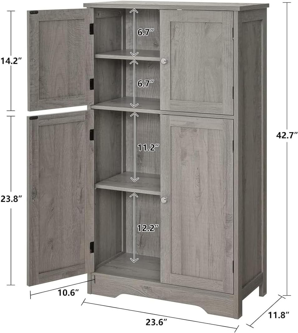 Iwell Storage Cabinet, Bathroom Cabinet with 4 Doors & Adjustable Shelf, Cupboard, Bathroom Floor Cabinet for Living Room, Entryway, Home Office, Grey
