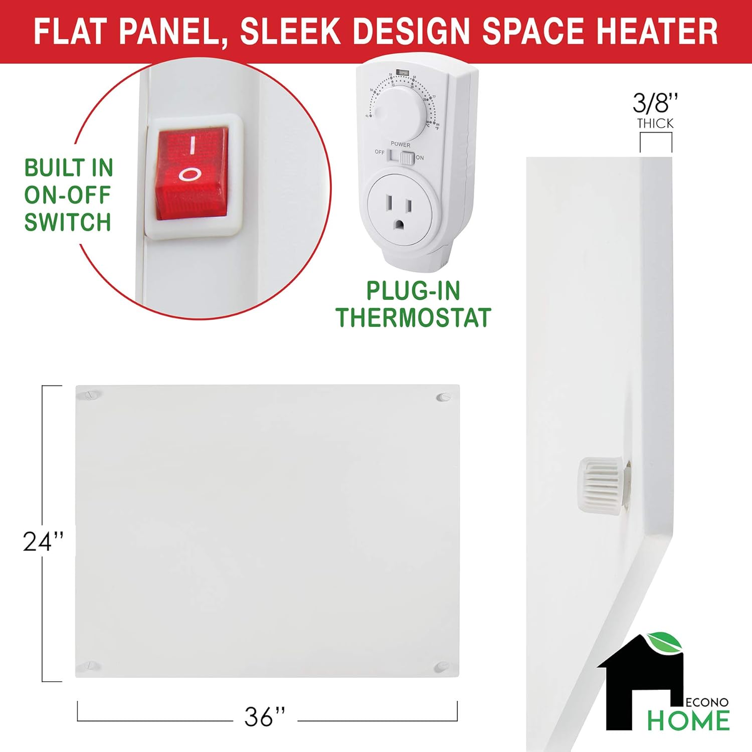 EconoHome Wall Mount Space Heater Panel - with Thermostat - 600 Watt Convection Heater - Ideal for 200 Sq Ft Room - 120V Electric Heater - Save Up to 50% of Heating Cost - with Overheat Protection