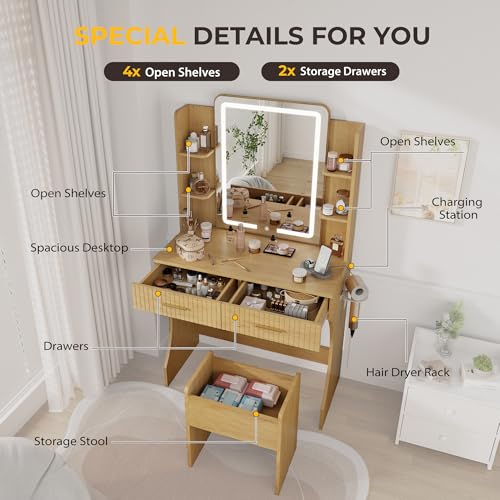 Vanity Desk with LED Lighted Mirror, Makeup Vanity with 3 Adjustable Lights, 2 Large Drawers and 4 Open Shelves, White Vanity with Storage Stool for Bedroom