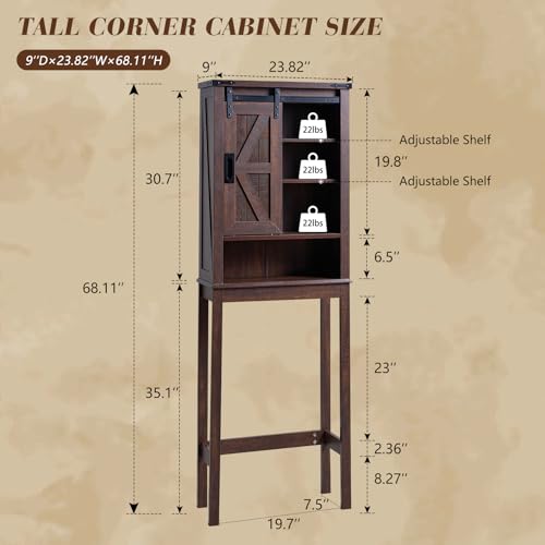 Farmhouse Over The Toilet Storage Cabinet, 68" Tall Bathroom Storage Cabinet with Sliding Barn Door & Adjustable Shelves, Above Toilet Storage for Bathroom, Laundry Room, Rustic Oak & White