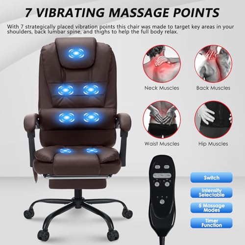 Executive Office Chair with Massage Reclining Office Chair with Footrest High Back Ergonomic Computer Desk Chairs Soft Leather for Home Office Black