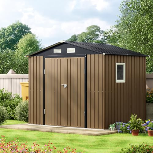 10X12X7.5 FT Outdoor Steel Storage Shed with Lockable Doors, 2 Windows, Transparent Roof Panels (Wood Panels & Frame Floor Not Included), Ideal for Patio Storage,Garbage Can, Chicken Coop，Brown
