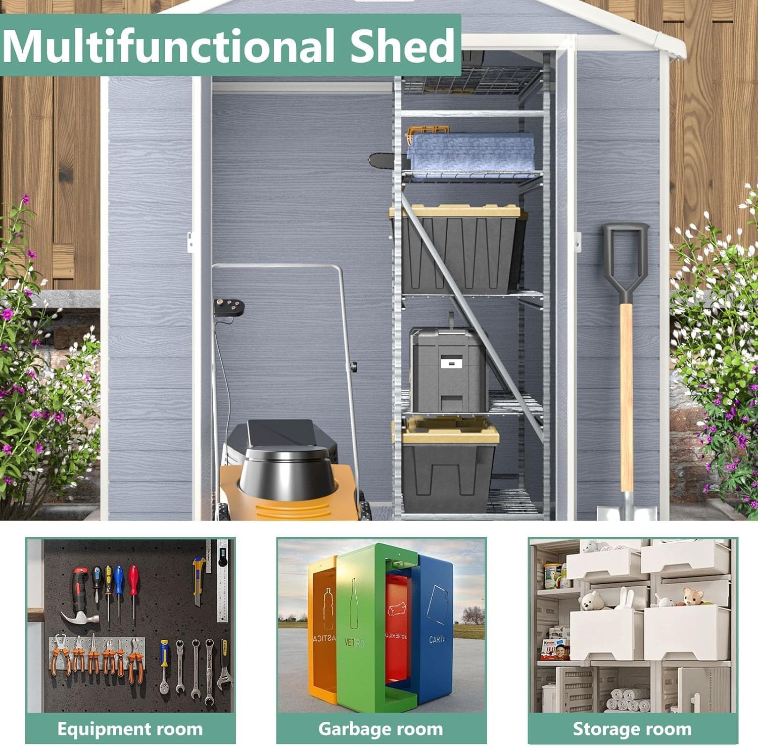 Aoxun 6'x8' Resin Outdoor Storage Shed Utility Tool Shed Storage House, Multi-Purpose Utility Tool House for Backyard, Patio Furniture, and Bikes - Gray
