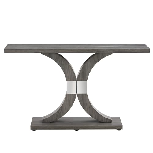 Modern Gray Console Table, 55 inch Narrow Entryway Foyer Table with Geometric Base, Vintage Sofa Table, Rustic Hallway Accent Table for Living Room, Entrance, White and Gold