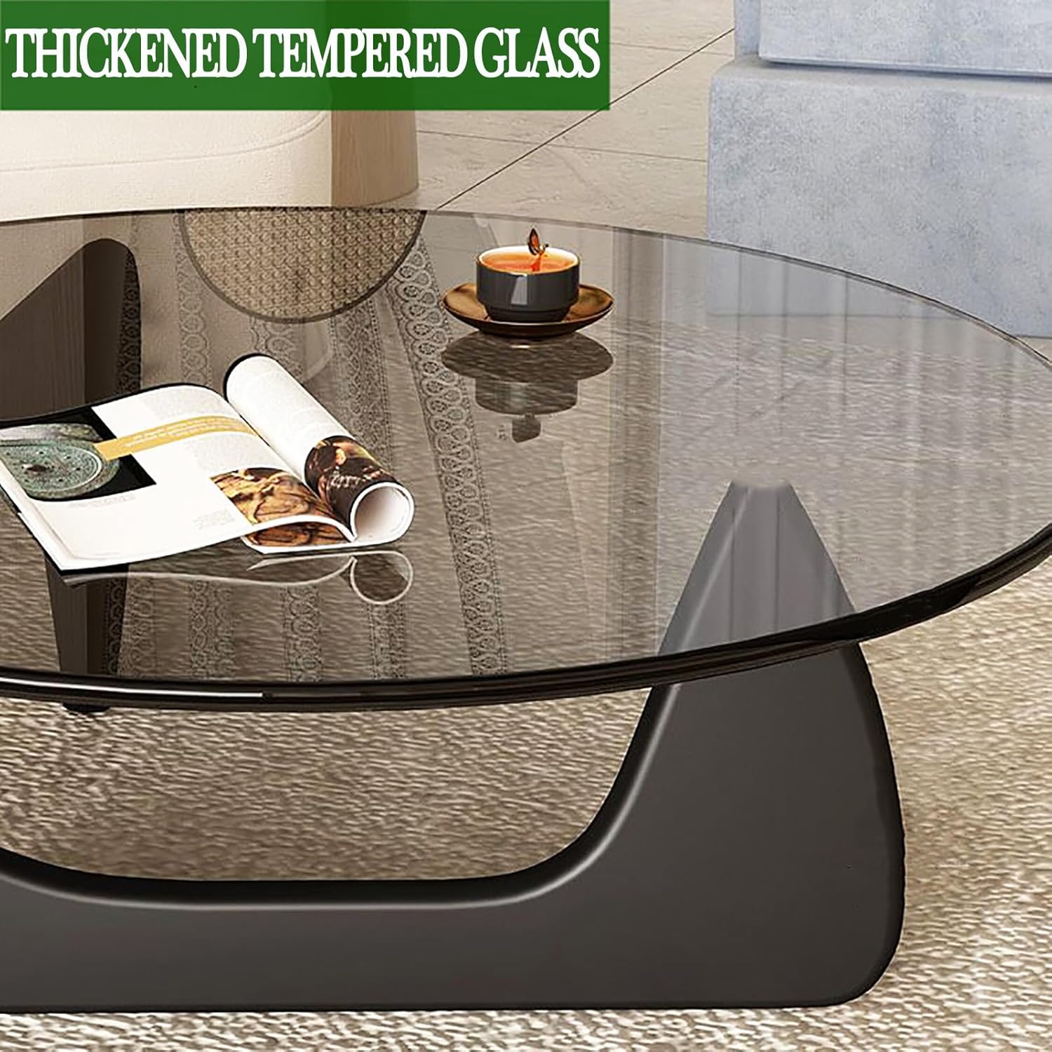 Triangle Coffee Table,Mid Century Modern Glass Coffee Table Solid Wood Base,Clear Abstract Coffee Table for Living Room Low Minimalist Tea Table Coffee Tables(36 * 25.5 * 16 inch, Gray-Black)