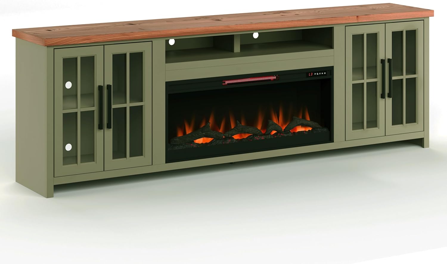 Bridgevine Home Vineyard 97 inch Fireplace TV Stand Console for TVs up to 100 inches, Minimal Assembly, Sage Green and Fruitwood Finish
