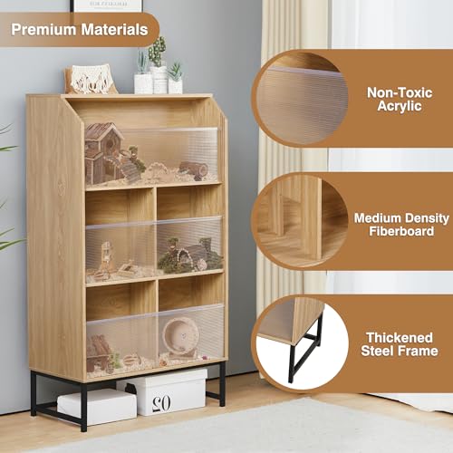 Large Hamster Cage with Storage Cabinet, 3-Tier Small Animals Cages Habitats, Animal House with Openable Top and Easy View Acrylic Panels for Rat, Guinea Pig, Hedgehog, Gerbil (Natural)