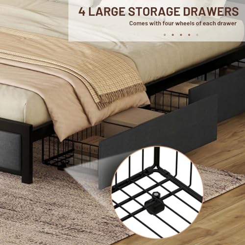 Queen Bed Frame, LED Bed Frame Queen Size with LED Headboard and 4 Storage Drawers, Upholstered Platform Bed with USB Port Sockets, Heavy Duty Wooden Slats Platform Bed Dark Gray