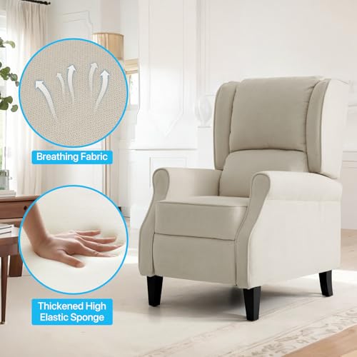 Vintage Wingback Recliner with Massage, Modern Linen Fabric Pushback Recliner for Living Room and Bedroom with Side Pockets, Wooden Legs(Beige)
