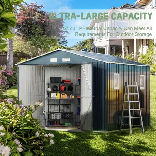 Outdoor Storage Shed 10 x 12ft. Utility Tool Shed Metal Storage Garden Shed with Lockable Doors, Windows & Metal Frame Floor for Patio Storage,Brown