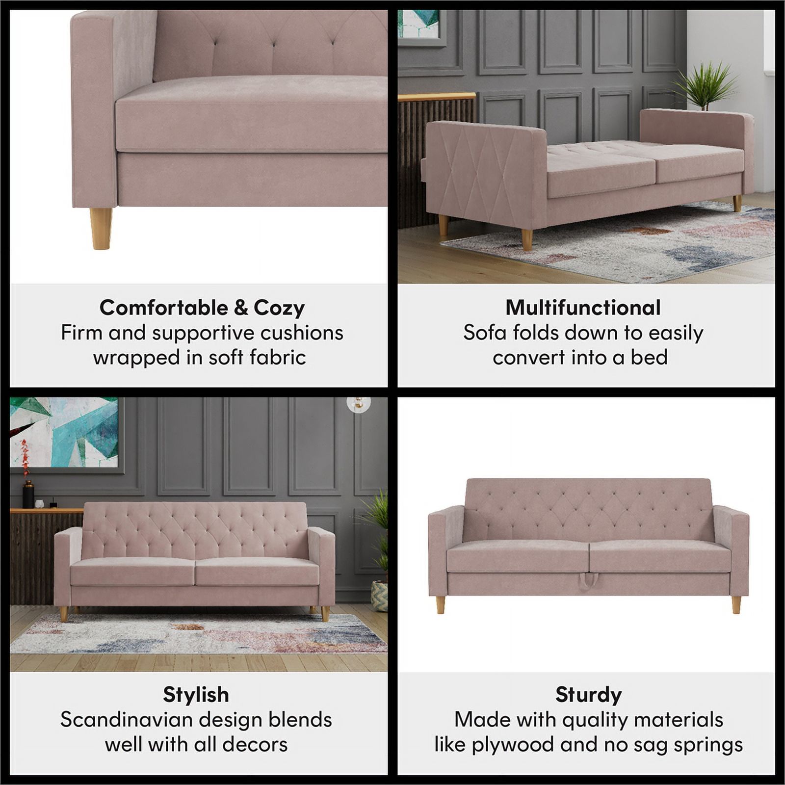 Pemberly Row Contemporary Futon with Storage in Blush Velvet