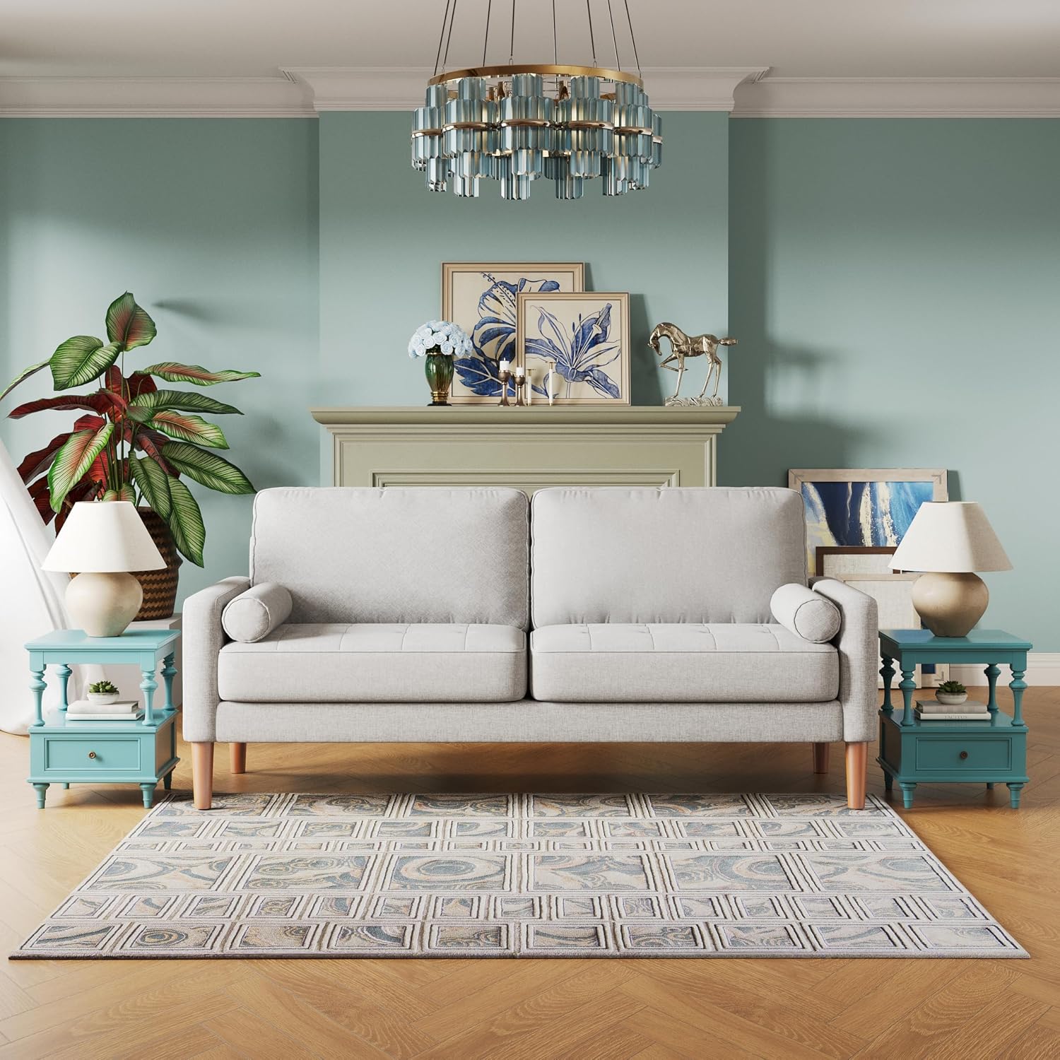 Modern Upholstered Linen Comfy Loveseat: 68" Mid Century 2 Seater Couch - Button Tufted Seat Cushion Sofa with 2 Bolster Pillows - Small Couches for Living Room Apartment Office Bedroom (Beige)