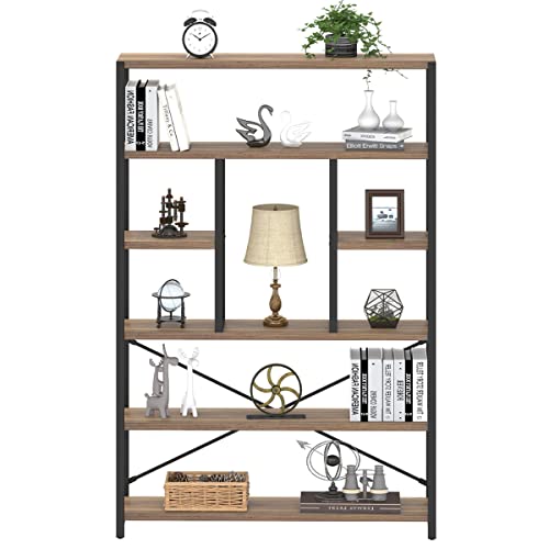 LVB Industrial Tall Bookshelf, Modern Wood Metal 6 Tier Book Shelf, Farmhouse Large 6 Shelf Etagere Bookcase, Open Wide Storage Bookshelves and Bookcases for Bedroom Living Room Office, Dark Gray Oak