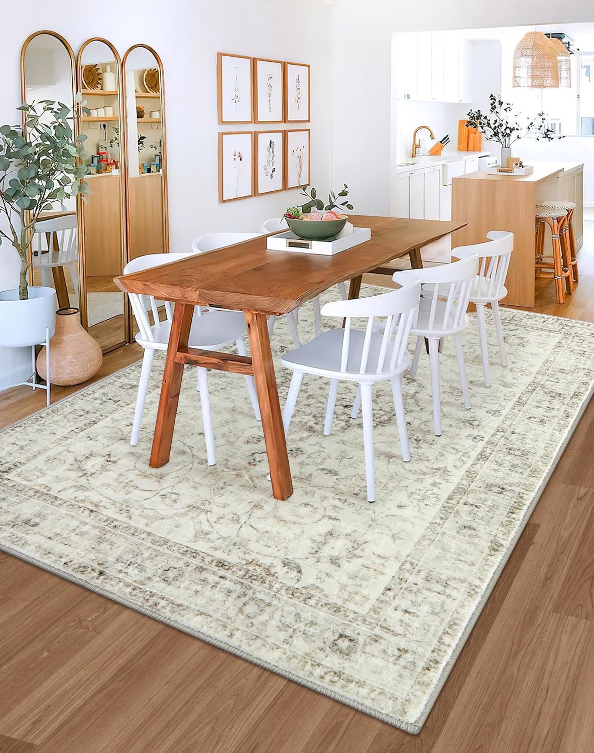 LIVEBOX Machine Washable Area Rugs 8x10 - Large Farmhouse Rugs for Living Room Oriental Rug for Bedroom, Non-Slip Retro Medallion Carpet Print Distressed Rug for Dining Room Guest Room Office, Taupe