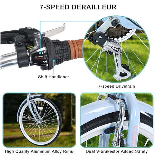 26 Inch Beach Cruiser Bike for Women, Womens Bicycles Hybrid Cruiser Bike with 7 Speed, Adjustable Seat, Lightweight Women Beach Cruiser Bike with Anti-Skid Tires, Front and RearV-Brakes