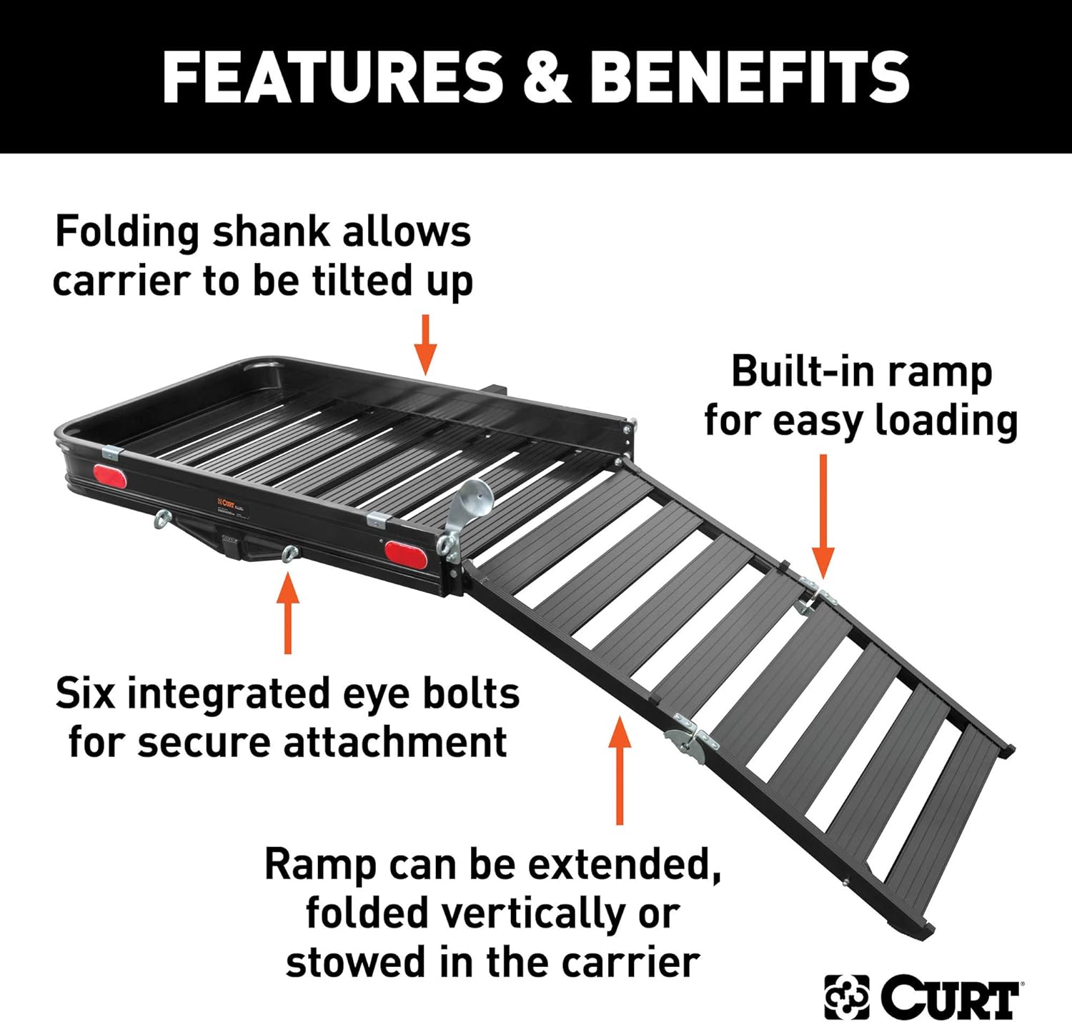 CURT 18112 50 x 30-1/2-Inch Black Aluminum Hitch Cargo Carrier with Ramp, 2-in Folding Shank