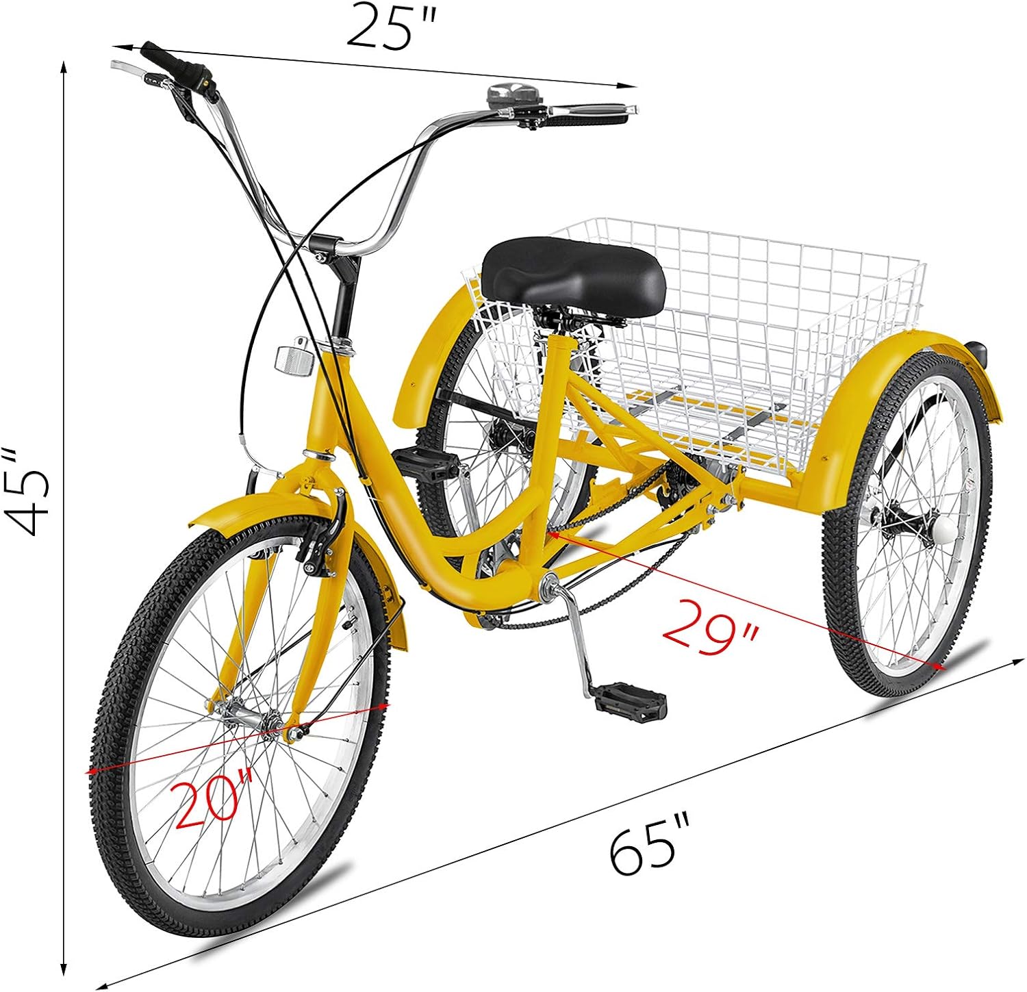 Happybuy Adult Tricycle 20 inch, Three Wheel Bikes 7 Speed, Yellow Tricycle with Bell Brake System, Bicycles with Cargo Basket for Shopping.(Yellow/7 Speed)