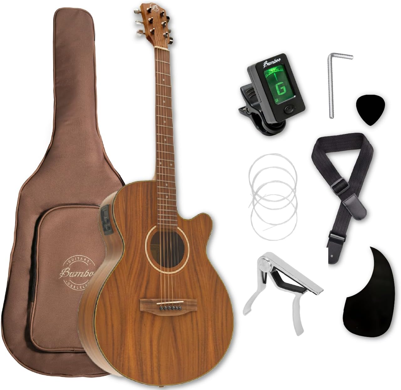 Bamboo Acoustic Electric Guitar 40" Acacia Cutaway Guitar. Beginner Kit for Adults ands Teens with Gig Bag, Pick, Tuner, Strings, Capo, Strap, pickguard and Truss Rod Key.
