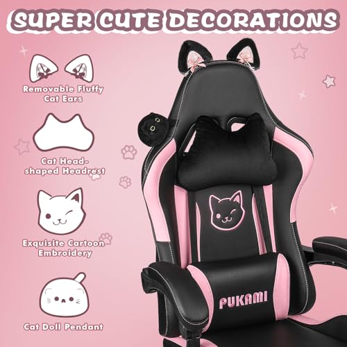 PUKAMI Pink Gaming Chair with Cat Ears and Cat Paw Cushion Pillow,Cute Computer Chair for Girl with Footrest,Ergonomic Gamer Chair, Kawaii Gaming Chair,Reclining Game Chair(Pink)