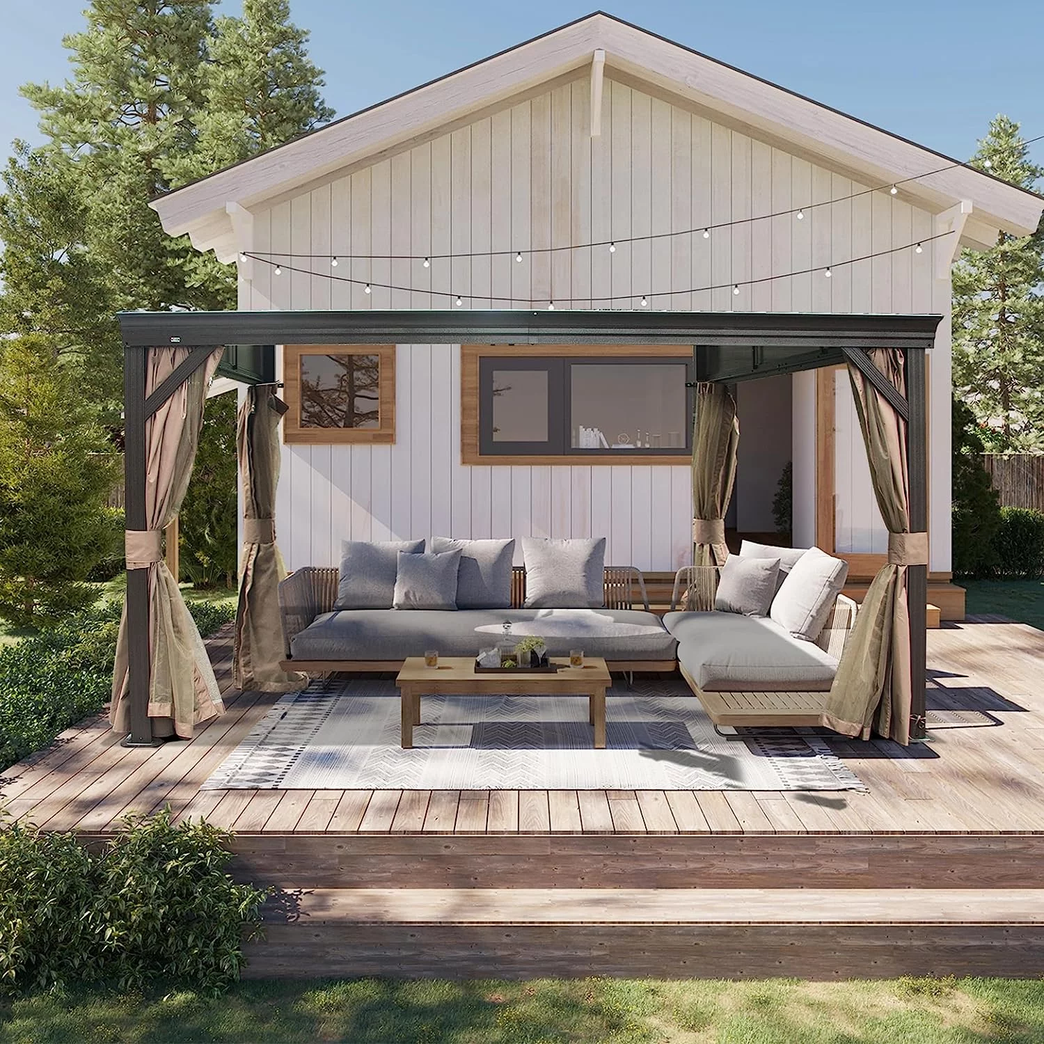 Domi 10x12FT Lean to Gazebo, Hardtop Wall Mounted Gazebo with Sloping Galvanized Steel Roof, Wall Pergola with Aluminum Frame, Curtains and Netting, for Patio, Deck, Garden, Backyard