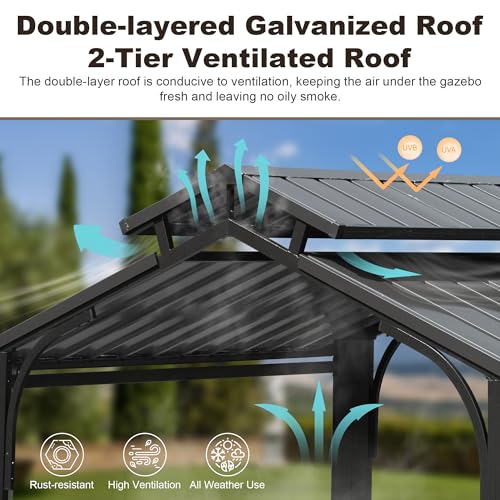 Domi 8x5FT Hardtop Grill Gazebo, Outdoor BBQ Gazebo with 2 Side Shelves and Bottle Opener, Outdoor Grill Canopy with Galvanized Steel Double Roof for Patio Lawn Backyard Deck, Brown